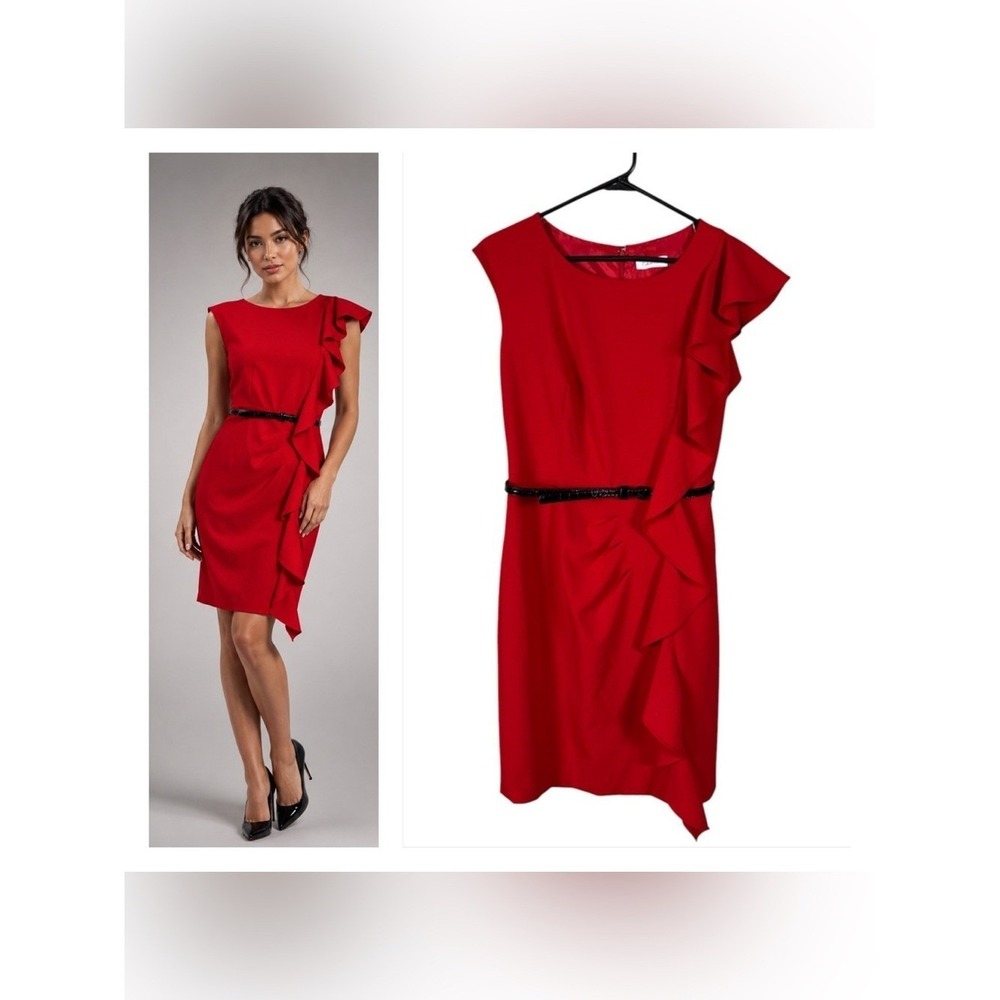 Calvin Klein Red Ruffle Sheath Dress Size 6 Evening Date Night Occassion Glam